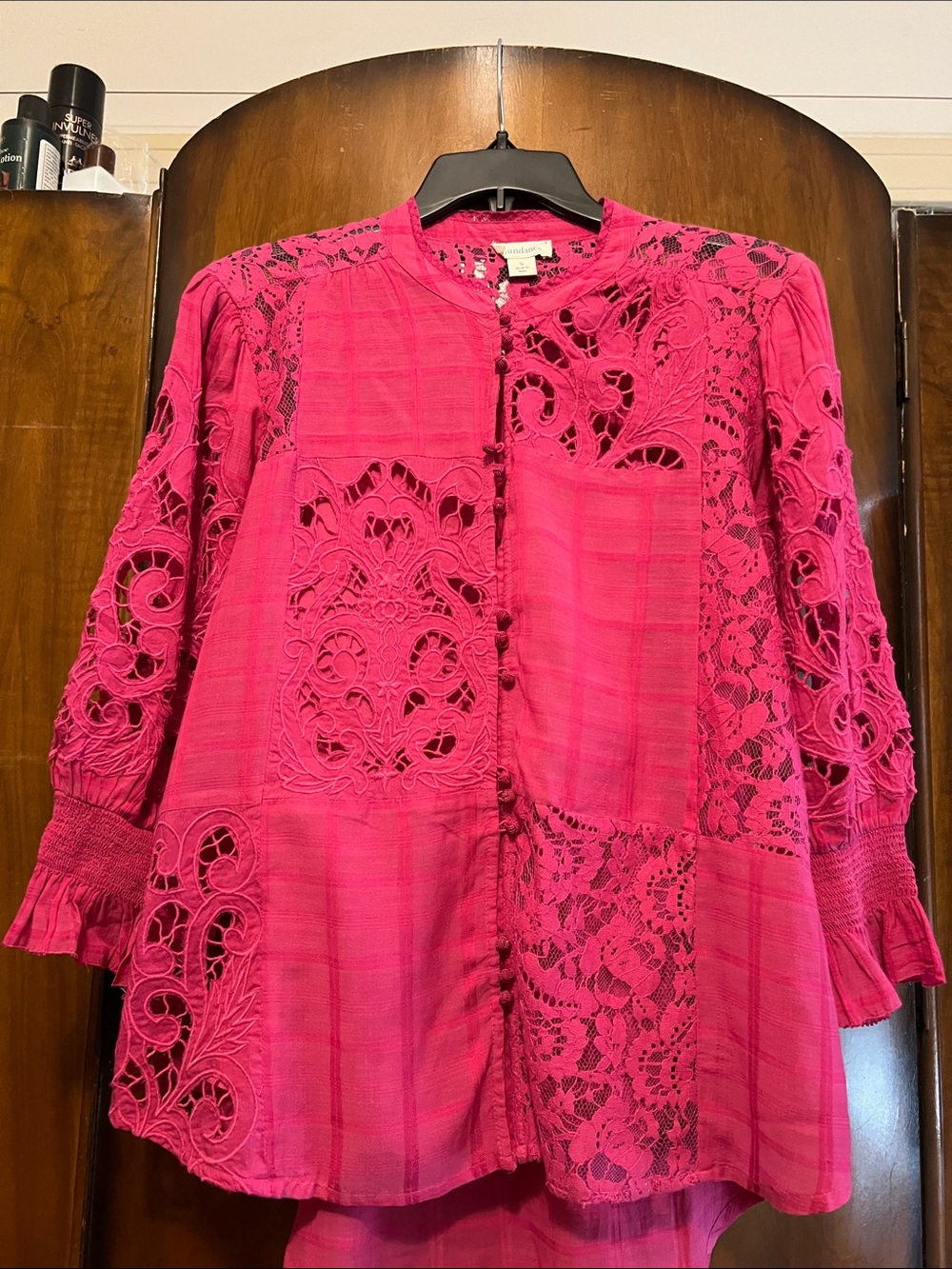 Sundance Hot Pink Lace Patchwork Long-Sleeve Shirt Size Small